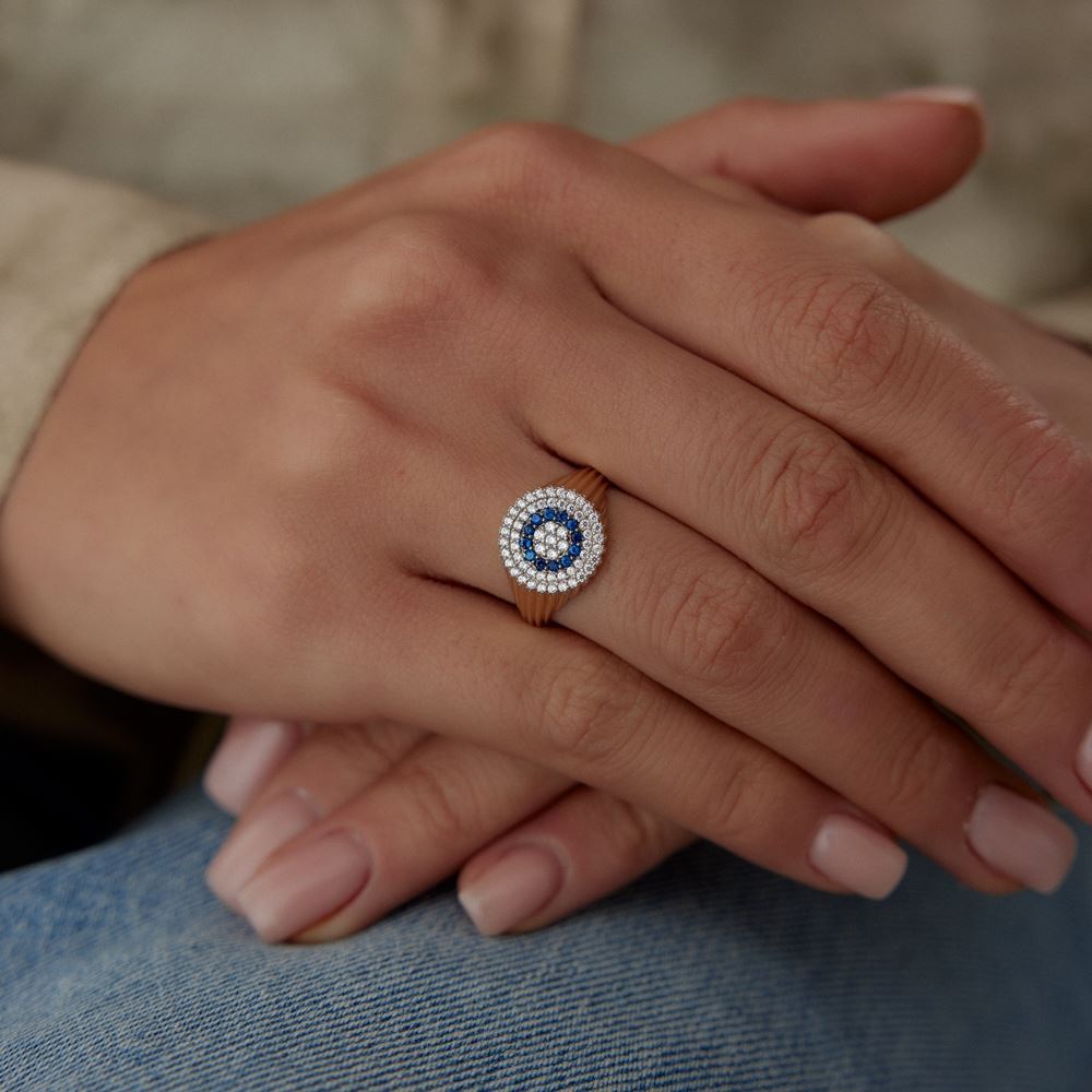 Oval Çizgi Tasarım Mavi Beyaz Taşlı Yüzük