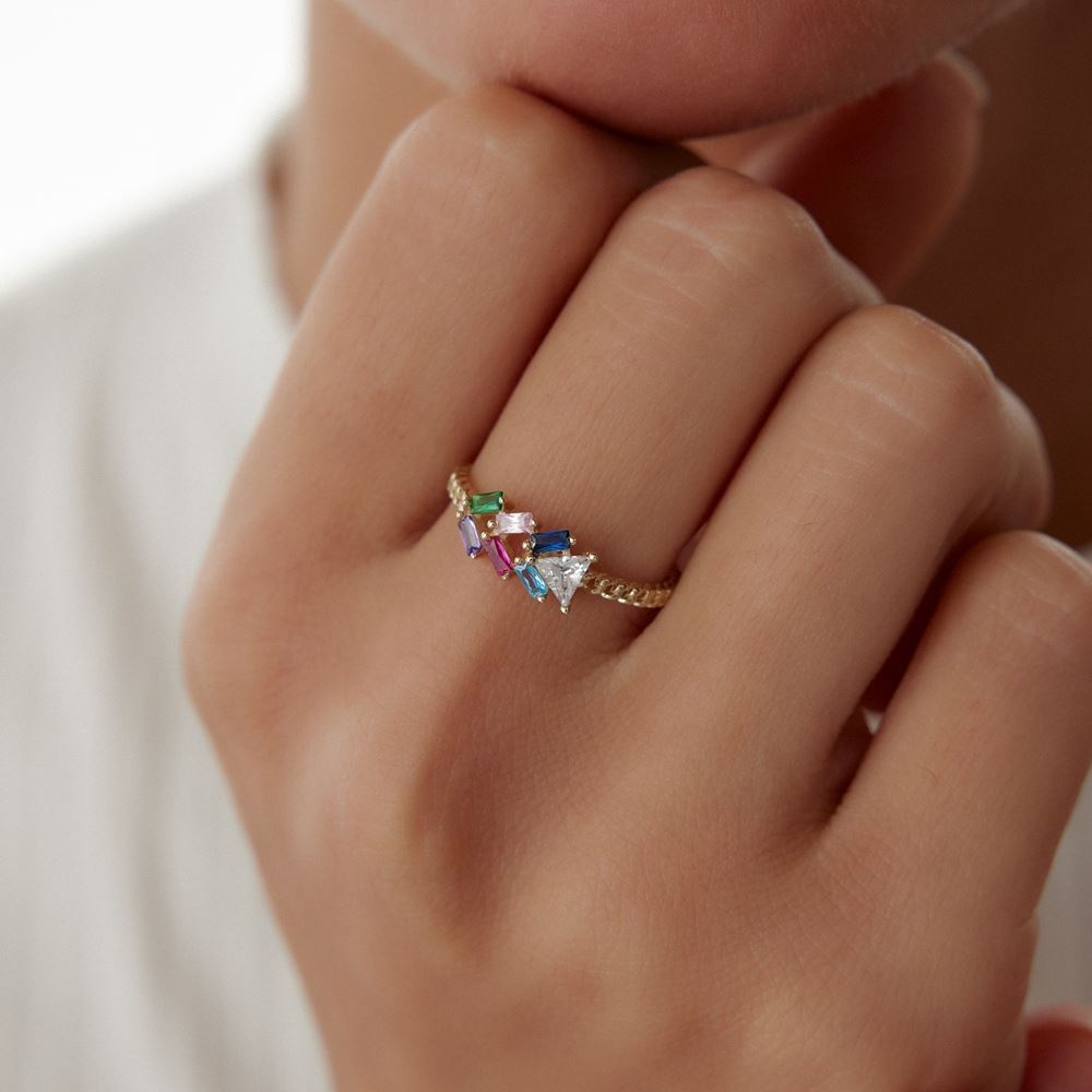 Renkli Taşlı Baget Yüzük