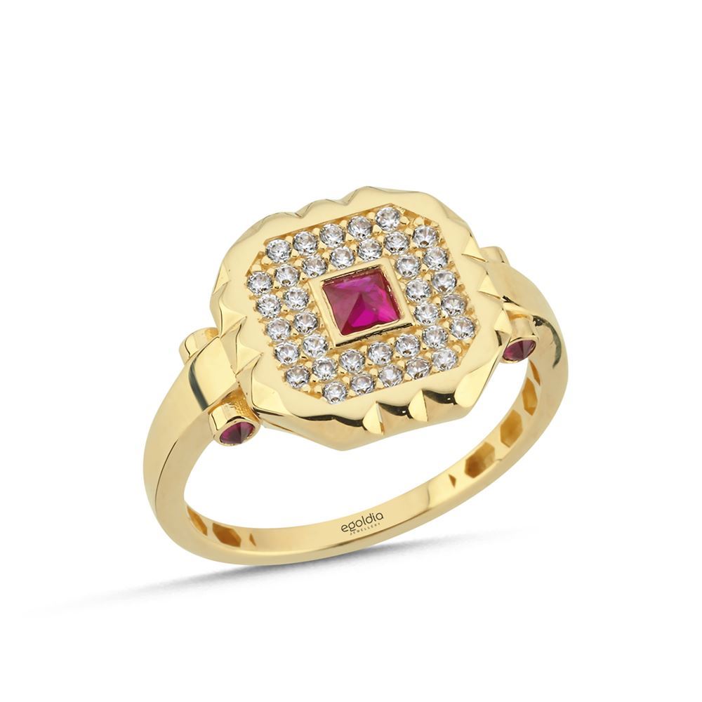 Dörtgen Tasarım Pembe Taşlı Yüzük