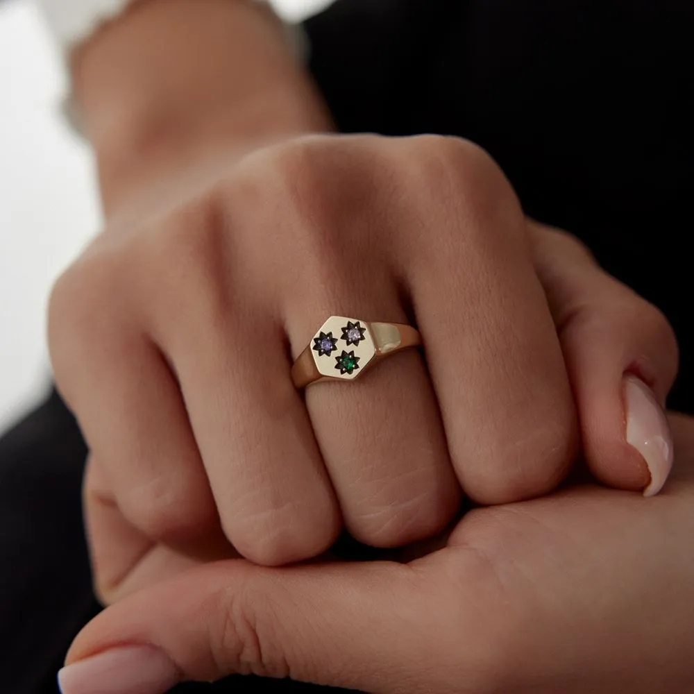Altıgen Tasarım Mor Ve Yeşil Taşlı Yüzük